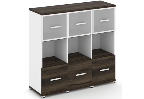 Шкаф три узкие секции 3 ниши (3 фасада ЛДСП, 1 ниши + 3 фасада стекло белое матовое в раме, 1 ниша) Динен, цвет дуб мали-белый