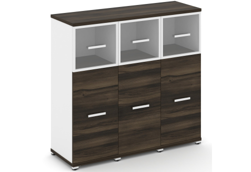 Шкаф три узкие секции 3 ниши (3 фасада ЛДСП, 2 ниши + 3 фасада стекло прозрачное в раме, 1 ниша) Динен, цвет дуб мали-белый