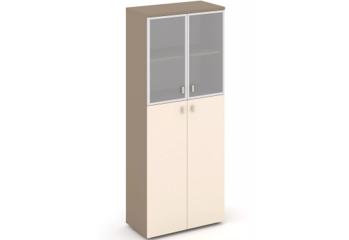 Шкаф высокий широкий (2 полки под стеклом в раме), цвет латте + сатин