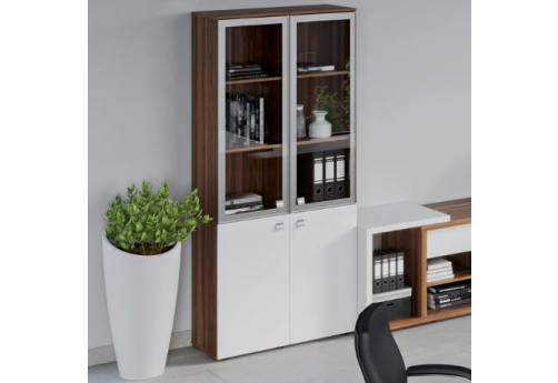 Шкаф для бумаг со стеклом Смарт, цвет орех + белый