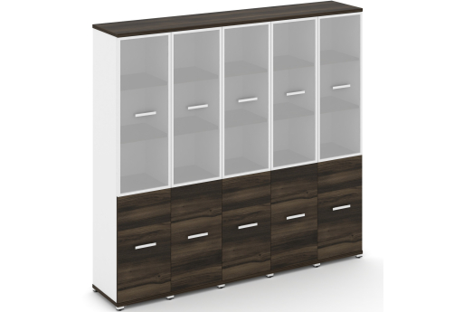 Шкаф пять узких секций 5 ниш (5 фасадов ЛДСП, 2 ниши + 5 фасадов стекло белое матовое в раме, 3 ниши) Динен, цвет дуб мали-белый