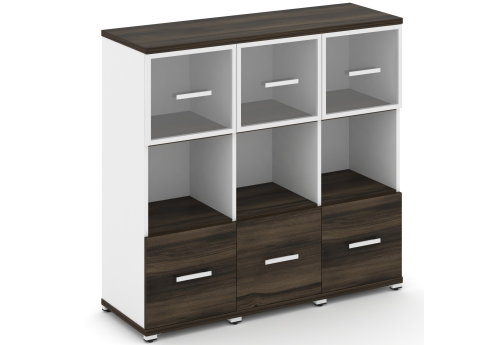 Шкаф три узкие секции 3 ниши (3 фасада ЛДСП, 1 ниша + 3 фасада стекло прозрачное в раме, 1 ниша) Динен, цвет дуб мали-белый