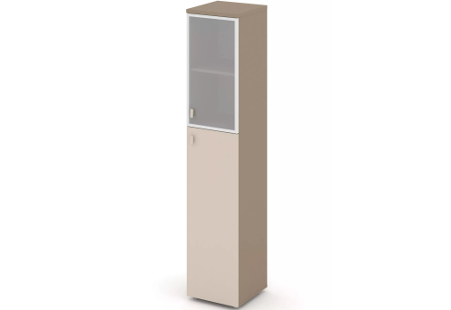 Шкаф высокий узкий правый (2 полки под стеклом в раме), цвет латте + капучино