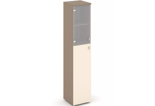Шкаф высокий узкий левый (2 полки под стеклом), цвет латте + сатин