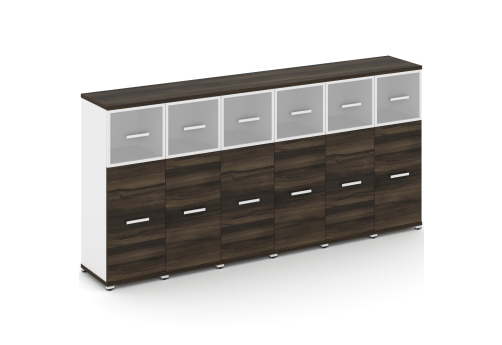 Шкаф шесть узких секций 3 ниши (6 фасадов ЛДСП, 2 ниши + 6 фасадов стекло белое матовое в раме, 1 ниша) Динен, цвет дуб мали-белый