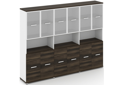 Шкаф три широкие секции 5 ниш (6 фасадов ЛДСП, 2 ниши + 6 фасадов стекло белое матовое в раме, 2 ниши) Динен, цвет дуб мали-белый