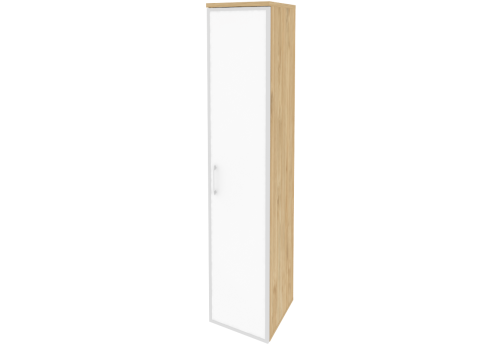 Шкаф высокий узкий правый со стеклом лакобель в раме, цвет тиквуд светлый