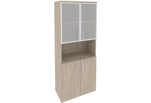 Шкаф высокий широкий с нишей (2 полки под стеклом в раме), цвет дуб аттик