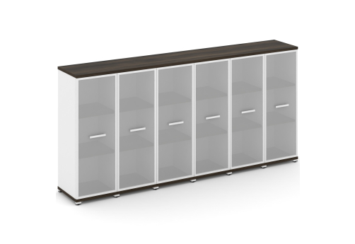 Шкаф шесть узких секций 3 ниши (6 фасадов стекло белое матовое в раме, 3 ниши) Динен, цвет дуб мали-белый