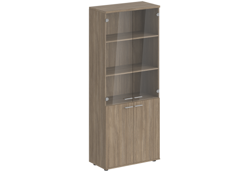 Шкаф высокий 4 двери со стеклом с задней стенкой ЛДСП Индиго Вуд, цвет дуб темный