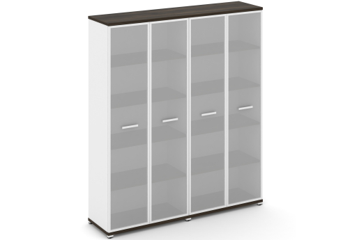 Шкаф две широкие секции 5 ниш (4 фасада стекло белое матовое в раме, 5 ниш) Динен, цвет дуб мали-белый