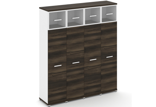 Шкаф четыре узкие секции 5 ниш (4 фасада ЛДСП, 4 ниши + 4 фасада стекло прозрачное в раме, 1 ниша) Динен, цвет дуб мали-белый