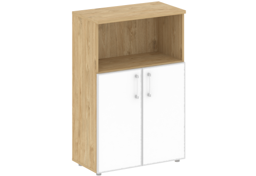 Шкаф средний широкий с отк.полкой (стекло лакобель), цвет тиквуд светлый + белый