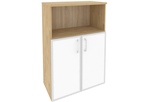 Шкаф средний широкий (1 открытая полка и 2 полки под стеклом лакобель в раме), цвет тиквуд светлый