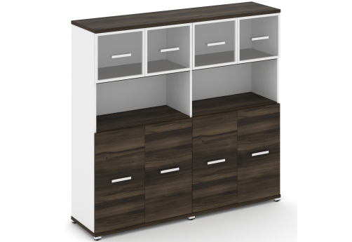 Шкаф две широкие секции 4 ниши (4 фасада ЛДСП, 2 ниши + 4 фасада стекло прозрачное в раме, 1 ниша) Динен, цвет дуб мали-белый