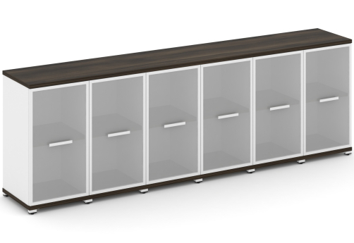 Шкаф шесть узких секций 2 ниши (6 фасадов стекло белое матовое в раме, 2 ниши) Динен, цвет дуб мали-белый