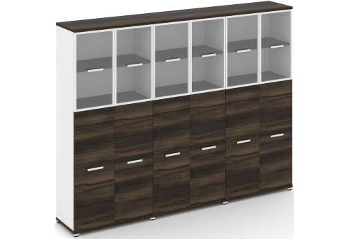 Шкаф три широкие секции 5 ниш (6 фасадов ЛДСП, 3 ниши + 6 фасадов стекло прозрачное в раме, 2 ниши) Динен, цвет дуб мали-белый