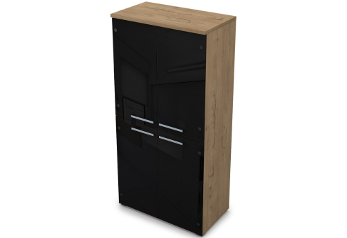 Шкаф средний со стеклом черный глянец Платинум Персонал, цвет тиковое дерево