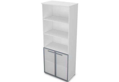 Шкаф (3 открытые полки и 2 полки под стеклом в раме) Платинум Персонал, цвет белый премиум