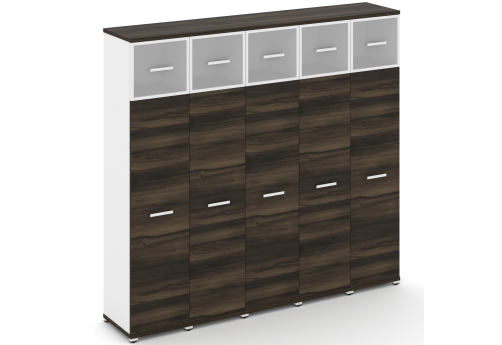 Шкаф пять узких секций 5 ниш (5 фасадов ЛДСП, 4 ниши + 5 фасадов стекло белое матовое в раме, 1 ниша) Динен, цвет дуб мали-белый