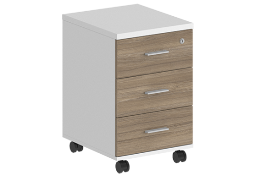 Тумба мобильная с 3 ящиками (метабокс) и замком Индиго Вуд, цвет белый + дуб темный