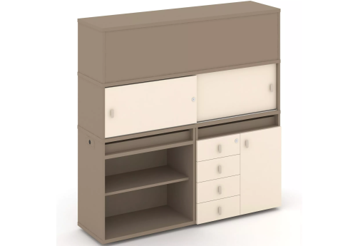 Тумба двойная с надставкой высокой (набор №12, вариант 1), цвет латте + сатин