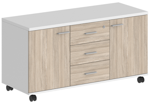 Тумба сервисная с 3 ящиками с замком и 2 фасадами Индиго Вуд, цвет белый + дуб светлый