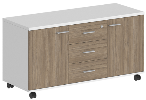 Тумба сервисная с 3 ящиками (метабокс) с замком и 2 фасадами Индиго Вуд, цвет белый + дуб темный