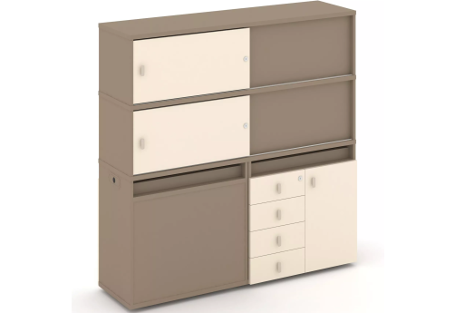 Тумба двойная с надставкой высокой (набор №25, вариант 1), цвет латте + сатин