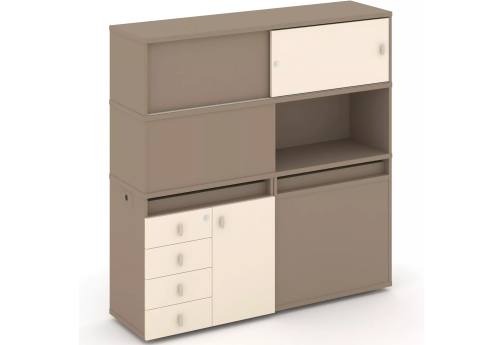 Тумба двойная с надставкой высокой (набор №30, вариант 1), цвет латте + сатин