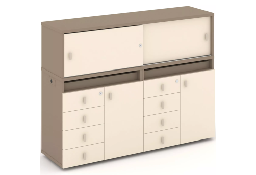 Тумба двойная с надставкой низкой (набор №4, вариант 1), цвет латте + сатин