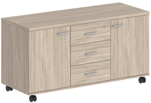 Тумба сервисная с 3 ящиками (метабокс) с замком и 2 фасадами Индиго Вуд, цвет дуб светлый