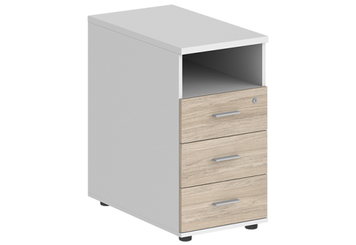 Тумба приставная с 3 ящиками (метабокс) и нишей с замком без топа Индиго Вуд, цвет белый + дуб светлый