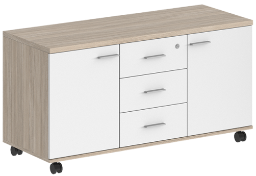 Тумба сервисная с 3 ящиками (метабокс) с замком и 2 фасадами Индиго Вуд, цвет дуб светлый + белый