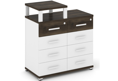 Тумба приставная широкая 8 ящиков с надставкой узкой Динен, цвет дуб мали-белый