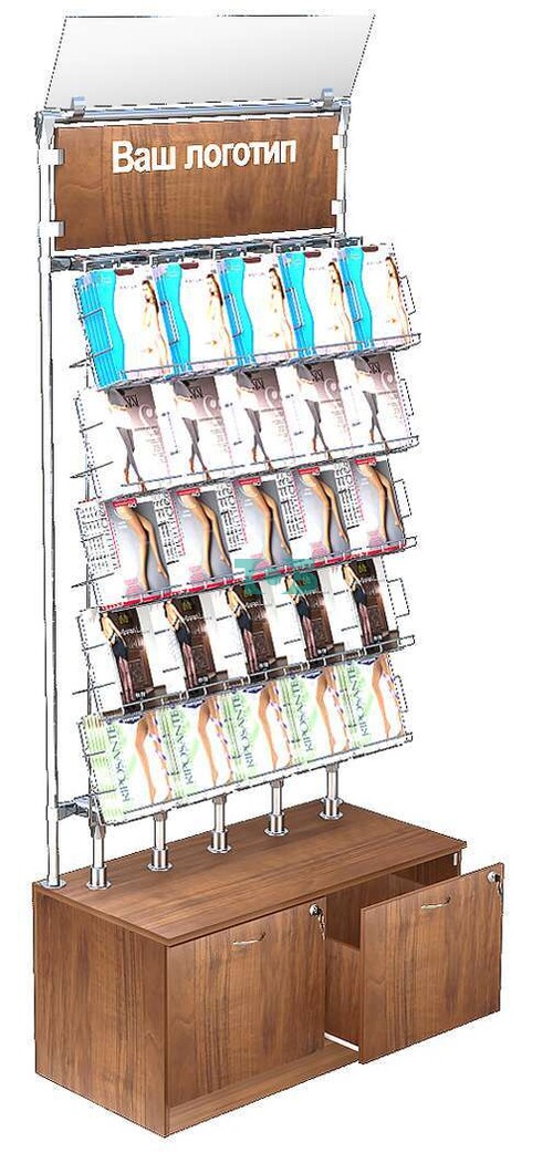 Торговая витрина с хромированным каркасом для продажи колгот без задней стенки №ВДПК-Т20-Z-Д11 (с обзорным зеркалом)