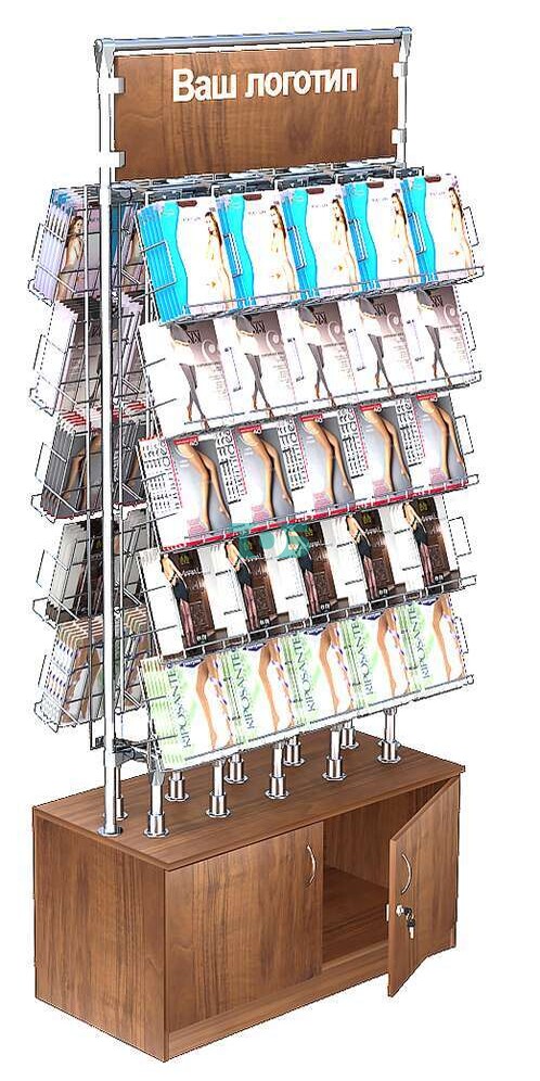 Островная двусторонняя витрина с хромированным каркасом для продажи колгот без задней стенки №ОВДПК-Т25-Д11