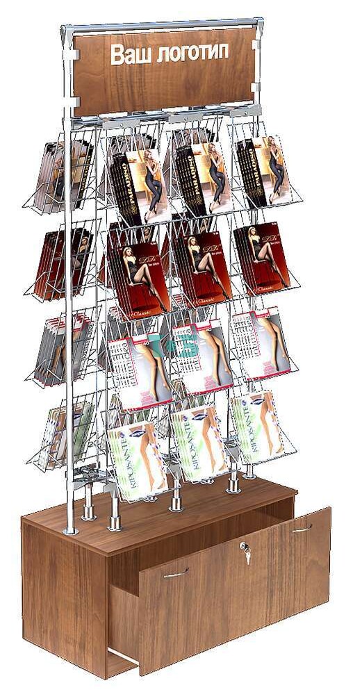 Островная двусторонняя витрина с одним выдвижным накопительным ящиком для продажи колгот без задней стенки №ОВДПК-Т16-Д02