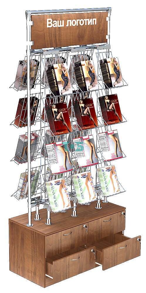 Островная двусторонняя витрина с дисплеями для продажи колгот без задней стенки №ОВДПК-Т19-Д02