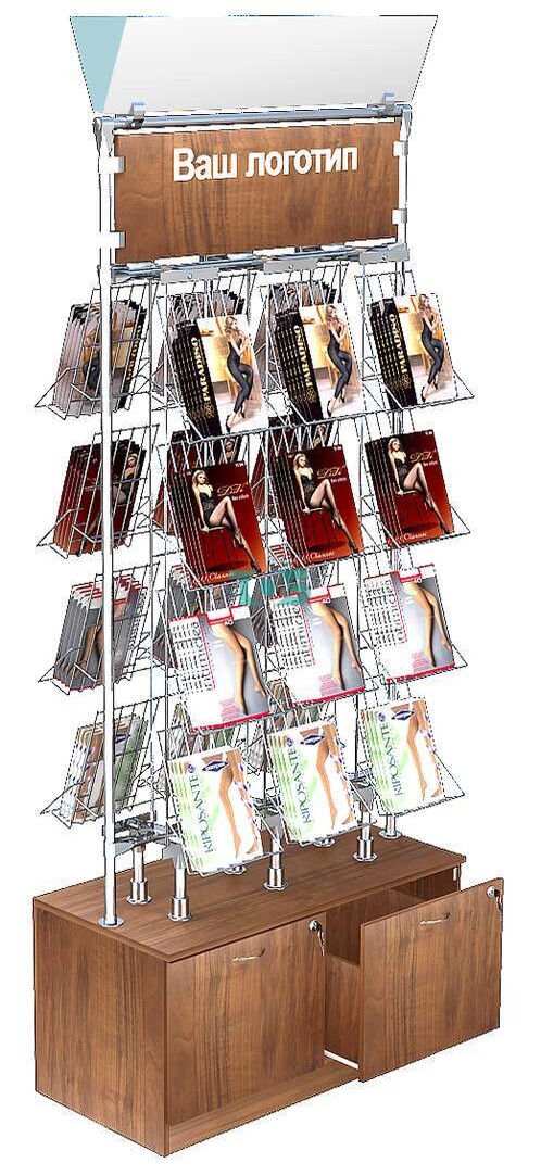 Островная сквозная витрина с двенадцатью ячейками для продажи колгот без задней стенки №ОВДПК-Т20-Д02 (с обзорными зеркалами)