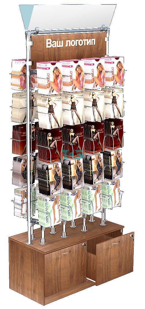 Островная двусторонняя витрина с ячейками в виде карманов для продажи колгот без задней стенки №ОВДПК-Т20-Д12 (с обзорными зеркалами)