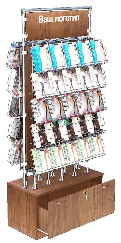 Островная выставочная витрина с наклонными ячейками для продажи колгот З/C-ДСП №ОВДПК-Т16-Д11