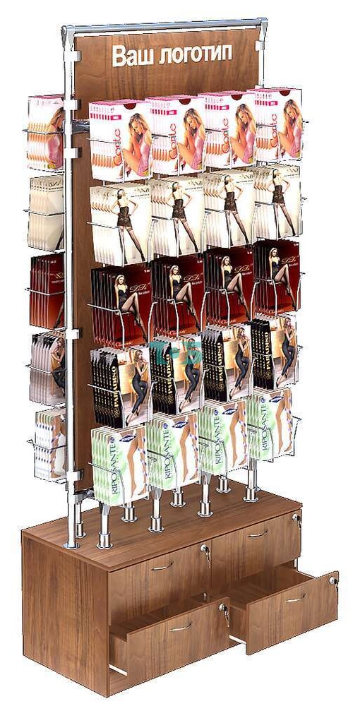 Островная двусторонняя витрина на хромированном метало-каркасе для продажи колгот З/C-ДСП №ОВДПК-Т19-Д12