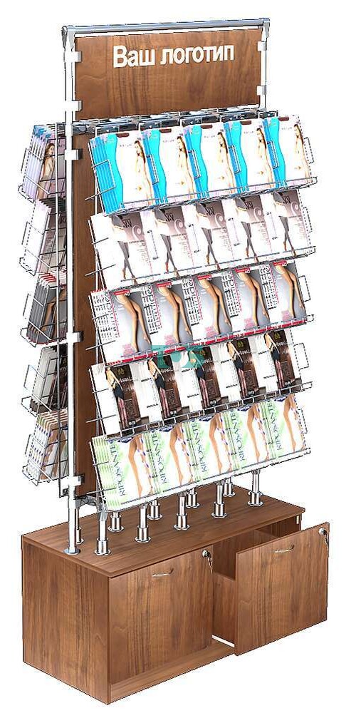 Островная двусторонняя витрина с платформой-накопителем для продажи колгот З/C-ДСП №ОВДПК-Т20-Д11