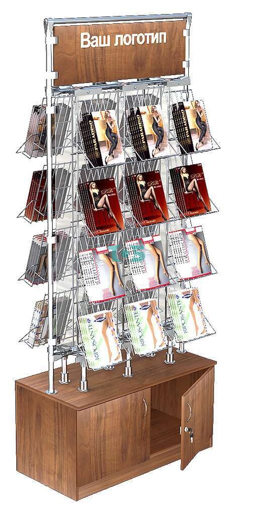 Островная двусторонняя витрина с накопителем для продажи колгот З/C-Зеркало №ОВДПК-Т25-Д02