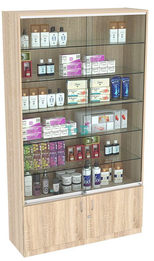 Витрина СЭСП-Z №1-1-400 (З/C - ДВП) со стеклянными полками и шторками