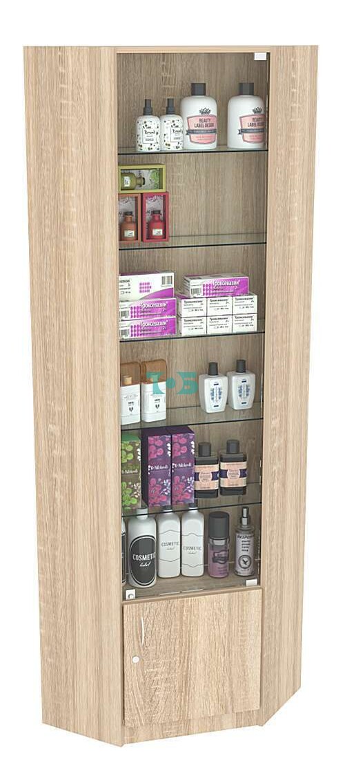 Угловая витрина СЭСП-Z №5-300 (З/C - ДВП) со стеклянными полками и дверкой