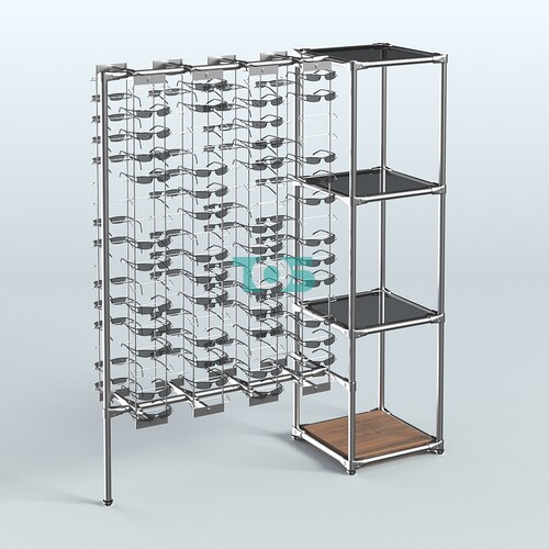 Хромированный стенд для продажи очков ЛИНИЯ №1-2-Д24 с тонированными полками стекло 8 мм