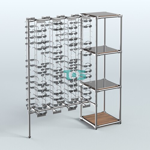 Хромированный стенд для продажи очков ЛИНИЯ №1-4-Д24 с зеркальными полками 4 мм