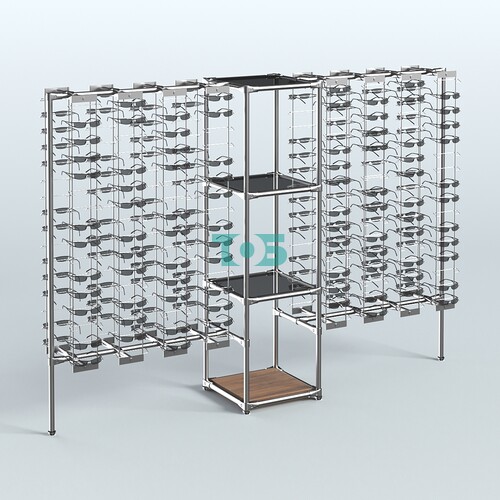 Хромированный стенд для продажи очков ЛИНИЯ №2-2-Д24 с тонированными полками стекло 8 мм